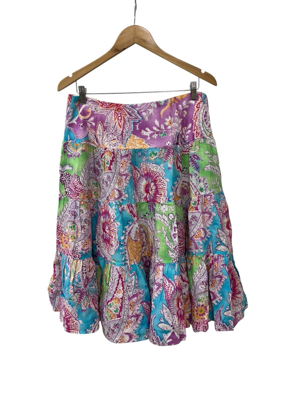 Tiered Paisley Print A-Line Skirt in Purple, Teal & Green